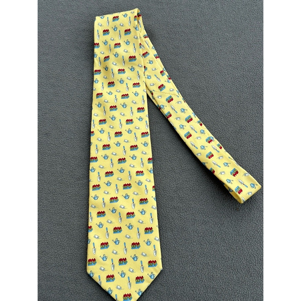 BROOKS BROTHERS Silk Tie. Yellow w Red Floral Water Pitcher Shovel Gardening